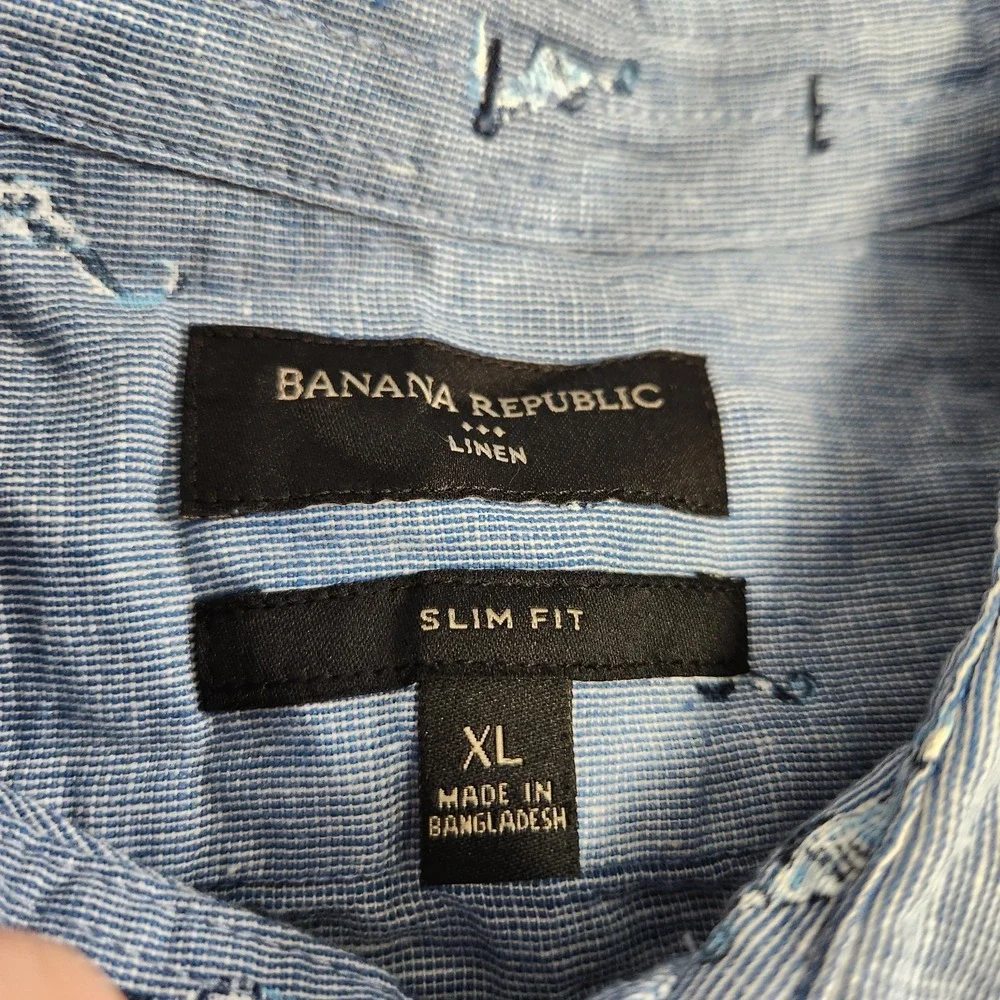 Banana Republic Linen Blend Shirt Men‎ XL Seahorse AOP Chambray Blue Slim Fit